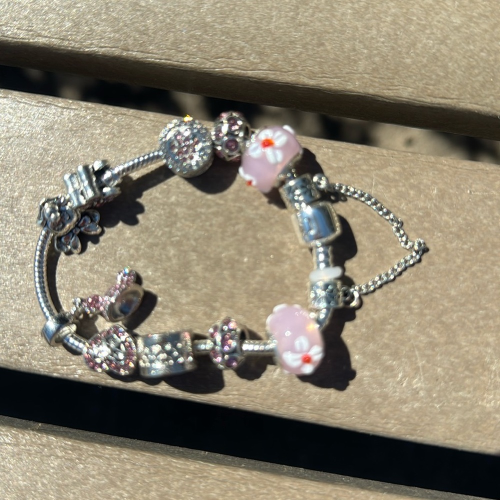 Delicate Pink Floral Charm Bracelet in Silver Tone